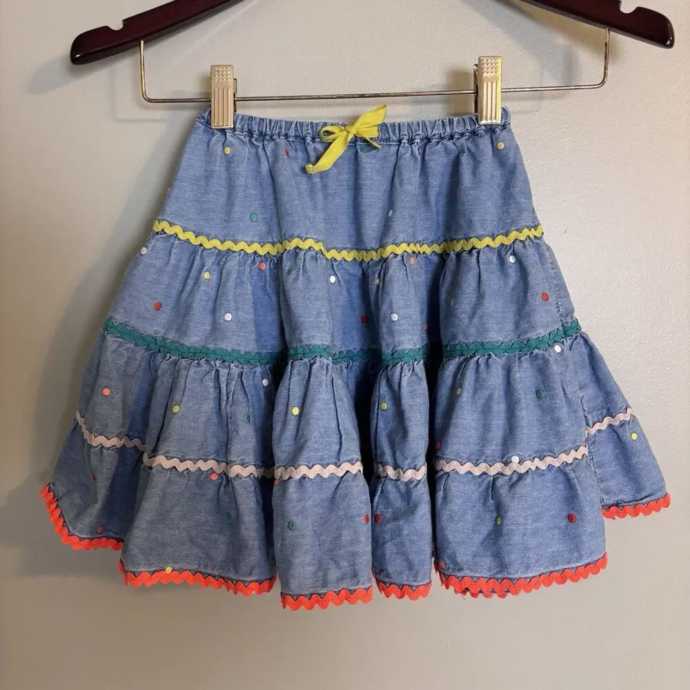 Mini Boden Denim Tiered Twirl Skirt Girls Size 3-4 Whimsy Colorful Boho Western